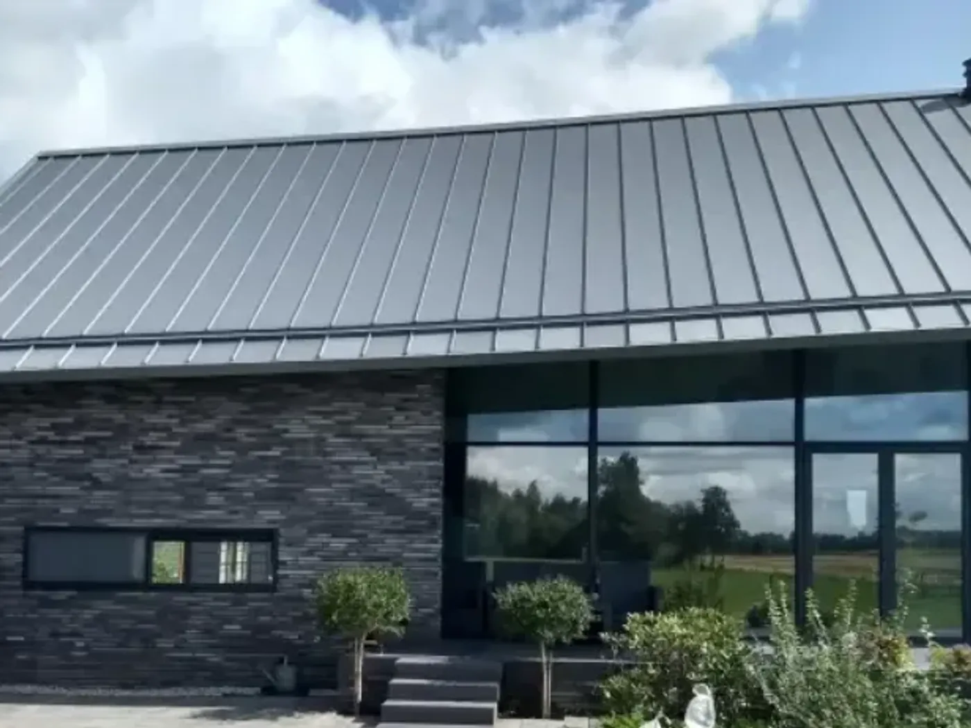 Grijs KlikZink-dak boven een woonkamer met grote glaspuien