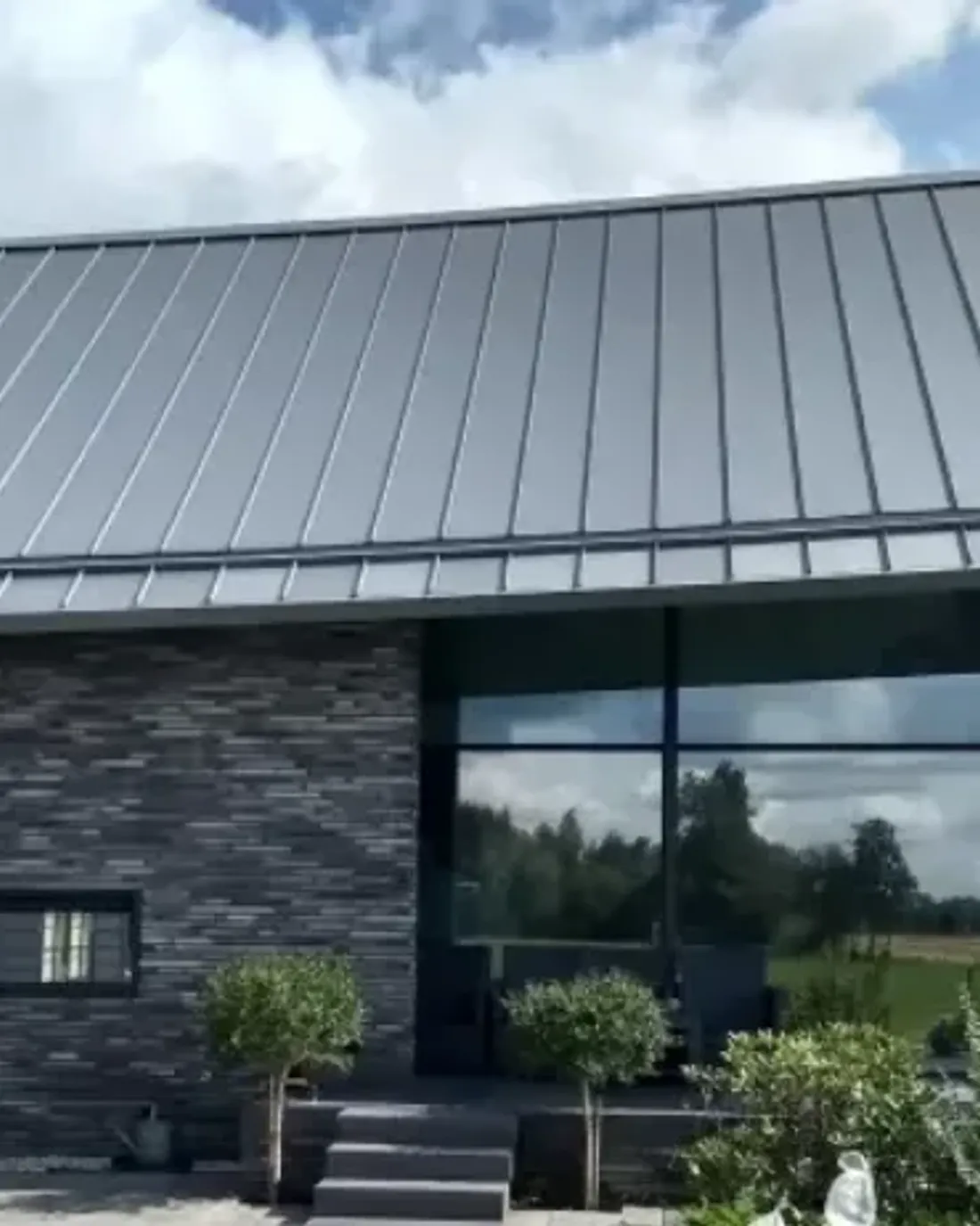 Klikfels-dakvlak boven een woonkamer met grote glaspuien