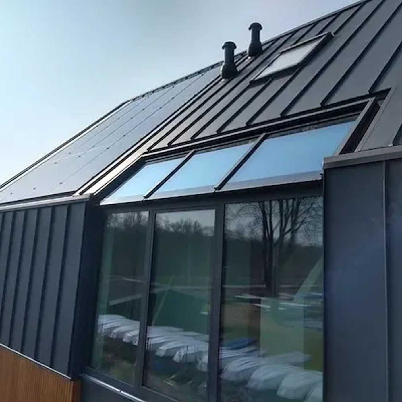 Detail van een KlikZink-dak met staande fels en dakramen, in Nordic Night Black